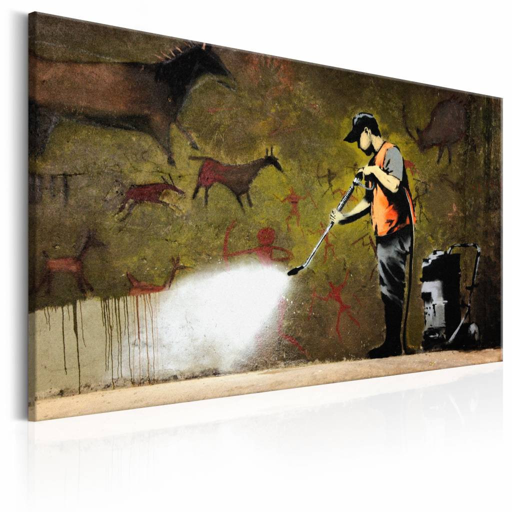 Schilderij - Banksy - Grot tekening , bruin , wanddecoratie , premium print op canvas