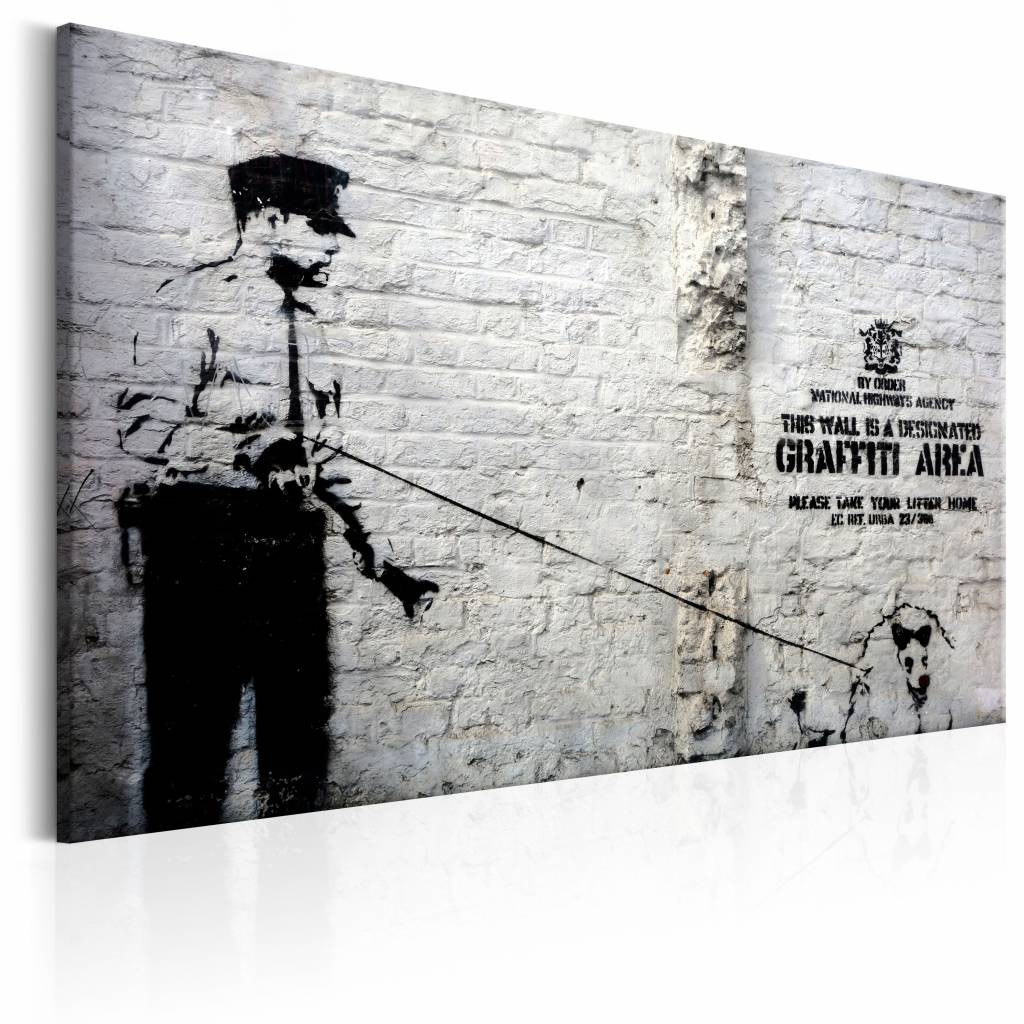 Schilderij - Banksy - Politie agent met hond , zwart wit , wanddecoratie , premium print op canvas
