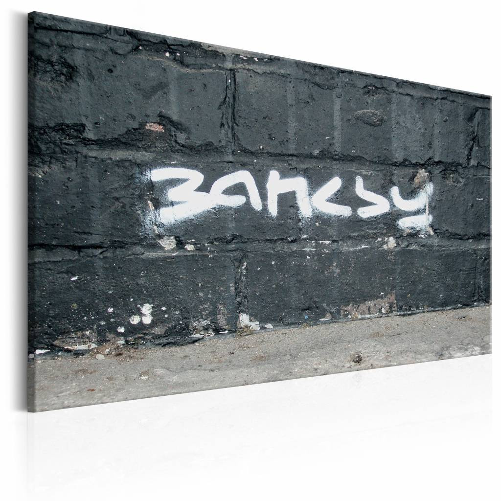 Schilderij - Banksy Handtekening , zwart wit , wanddecoratie , premium print op canvas