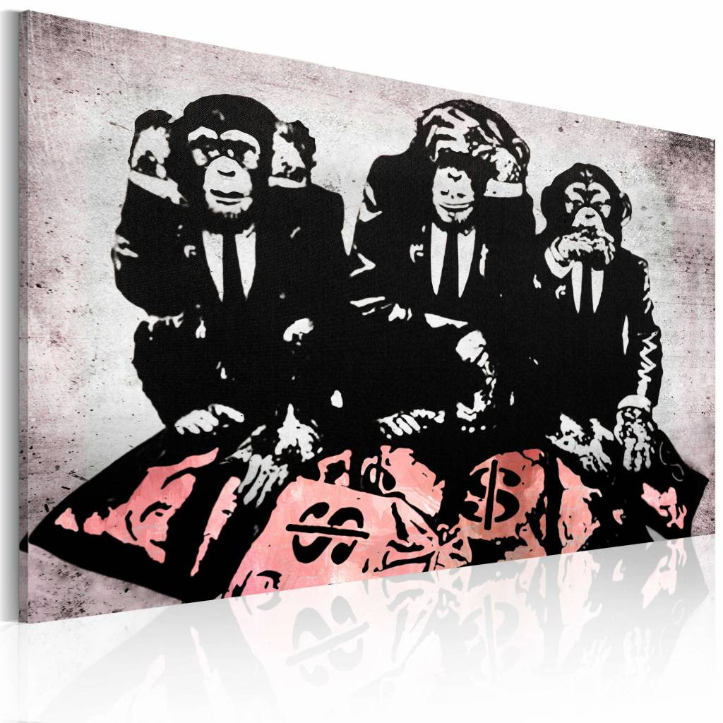 Schilderij - Banksy - Geld is een probleem , zwart wit roze , wanddecoratie , premium print op canvas