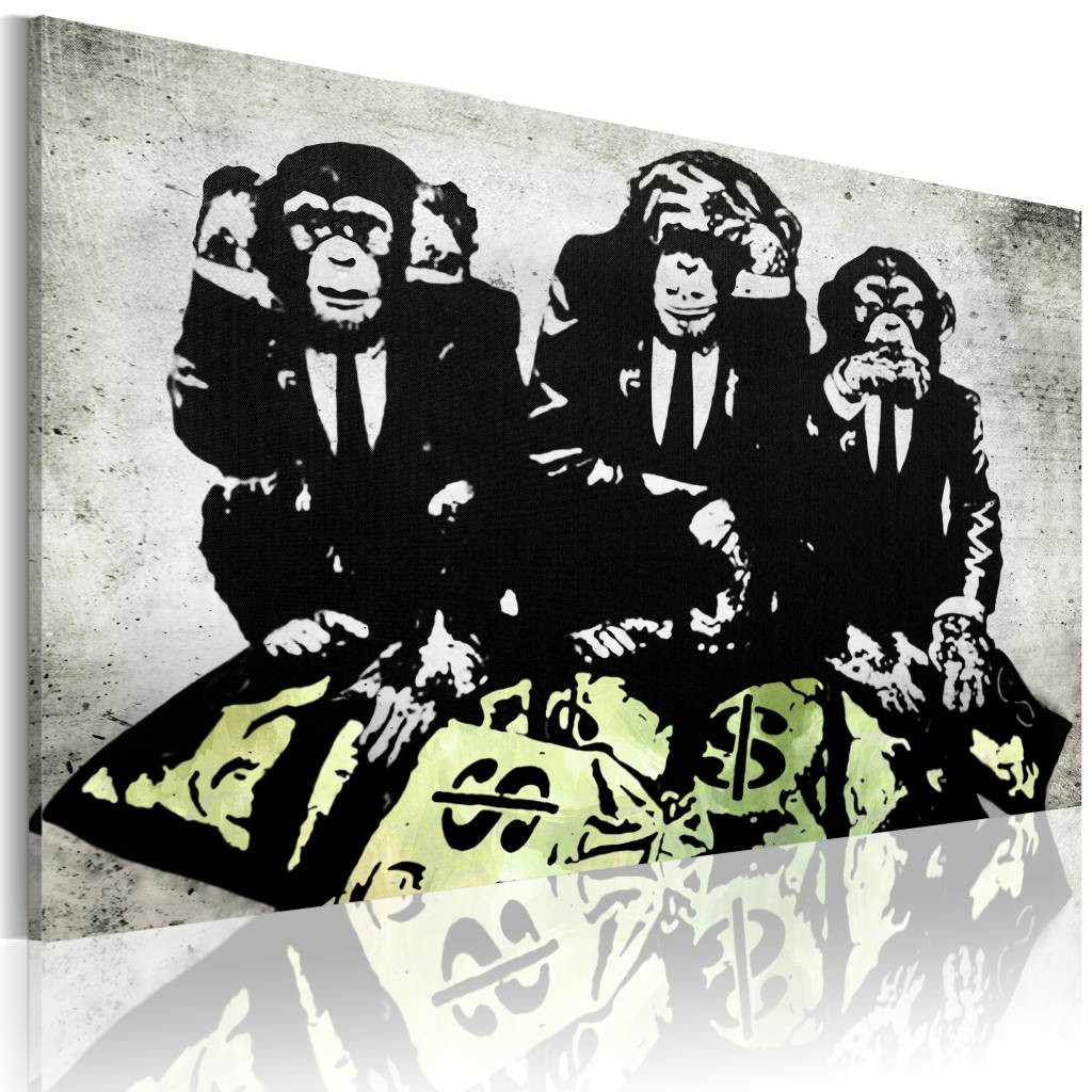 Schilderij - Banksy - Geld is een probleem II , zwart wit geel , wanddecoratie , premium print op canvas