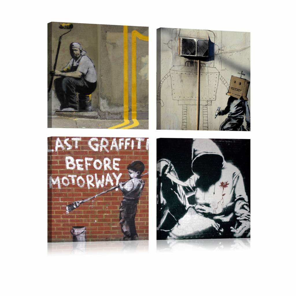 Schilderij - Banksy - Street Art Collage, 4luik , multikleur , wanddecoratie , premium print op canvas
