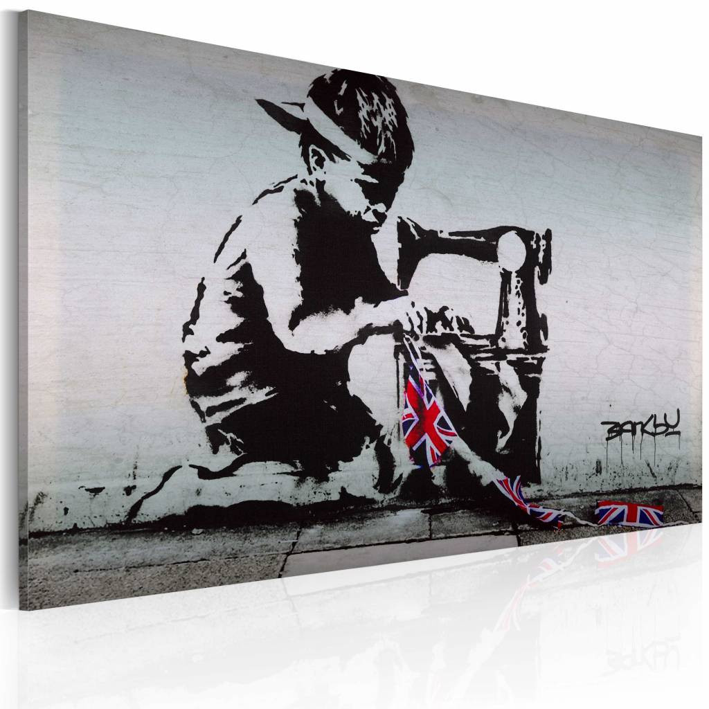Schilderij - Banksy - Union Jack Kid, Zwart/Wit, 40x60cm ,wanddecoratie , premium print op canvas