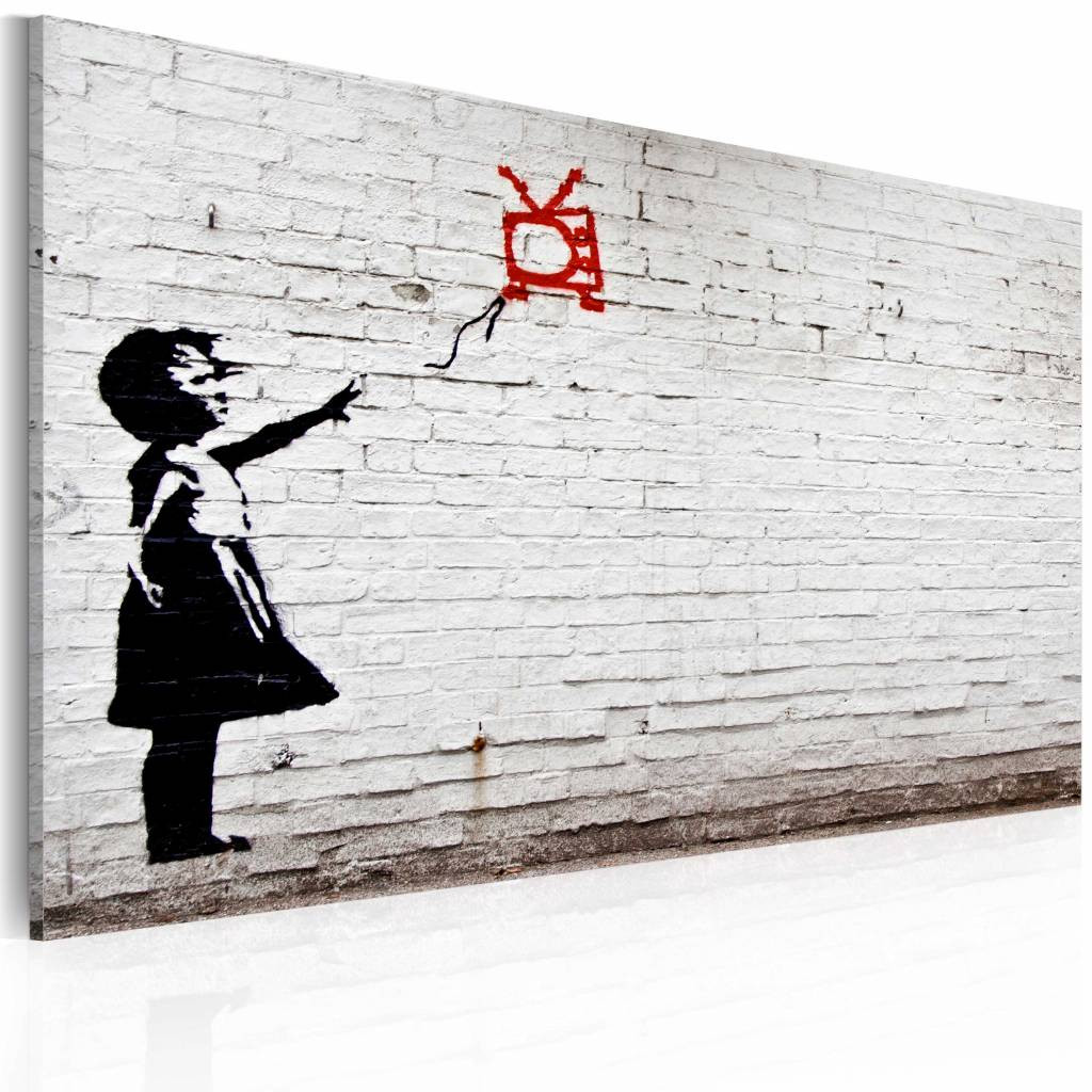 Schilderij - Banksy - Meisje met TV, Zwart-Wit, 40x60cm , wanddecoratie , premium print op canvas