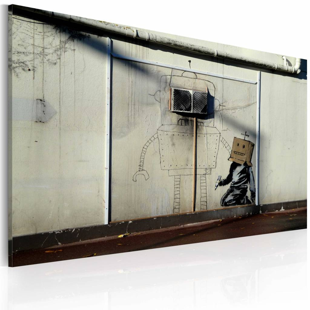 Schilderij - Banksy - Robots, 40x60cm , wanddecoratie , premium print op canvas