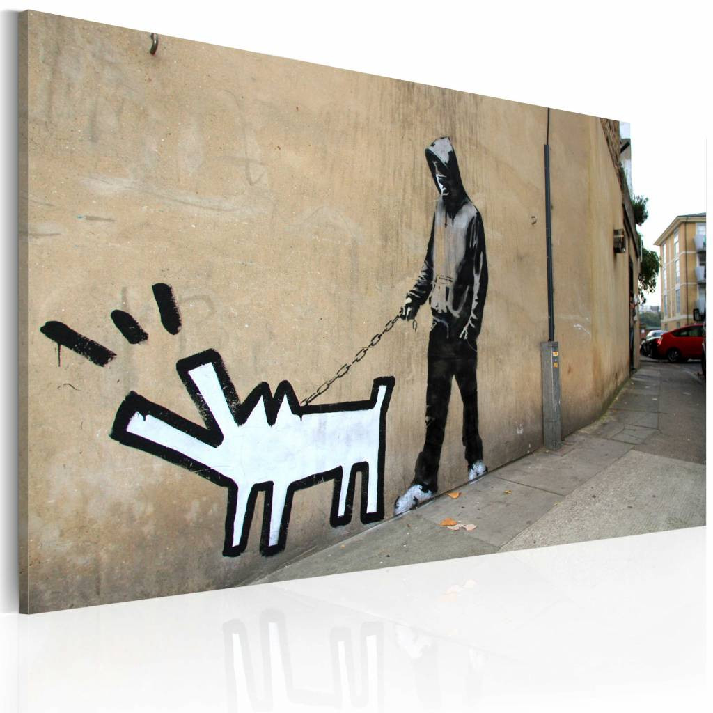 Schilderij - Banksy - Blaffende hond, 40x60cm , wanddecoratie , premium print op canvas