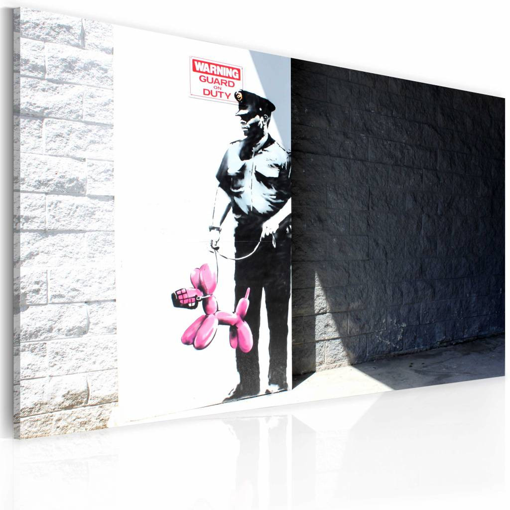 Schilderij - Banksy - Politie met roze hond, 40x60cm , wanddecoratie , premium print op canvas