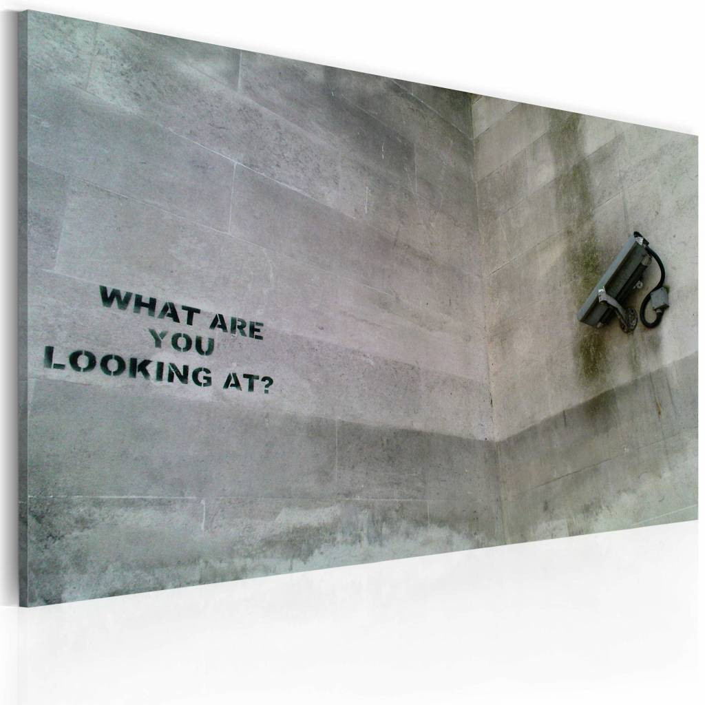 Schilderij - Banksy - What are you looking at? Grijs, 40x60cm , wanddecoratie , premium print op canvas