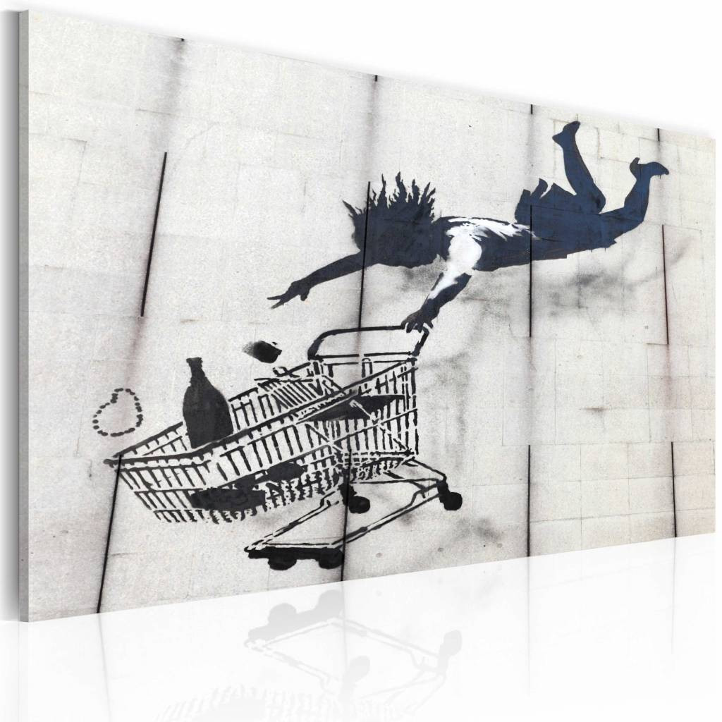 Schilderij - Banksy - Winkelwagentje, Zwart-Wit 40x60cm , wanddecoratie , premium print op canvas