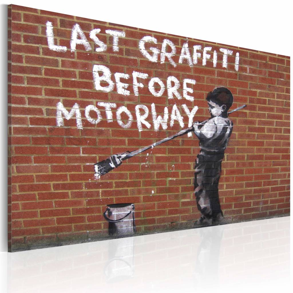 Schilderij - Banksy - Last Graffiti Before Motorway, 40x60cm , wit , bruin , wanddecoratie , premium print op canvas