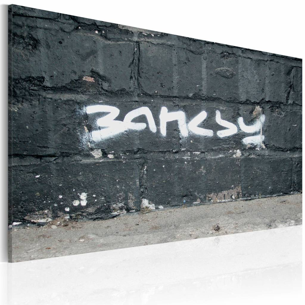 Schilderij - Banksy - Handtekening 40x60cm , wit grijs , wanddecoratie , premium print op canvas