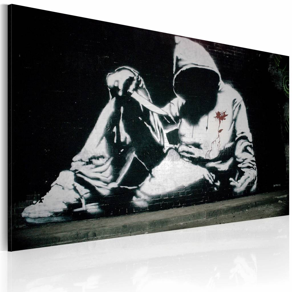 Schilderij - Banksy - Incognito Killer, 40x60cm , zwart wit , wanddecoratie , premium print op canvas