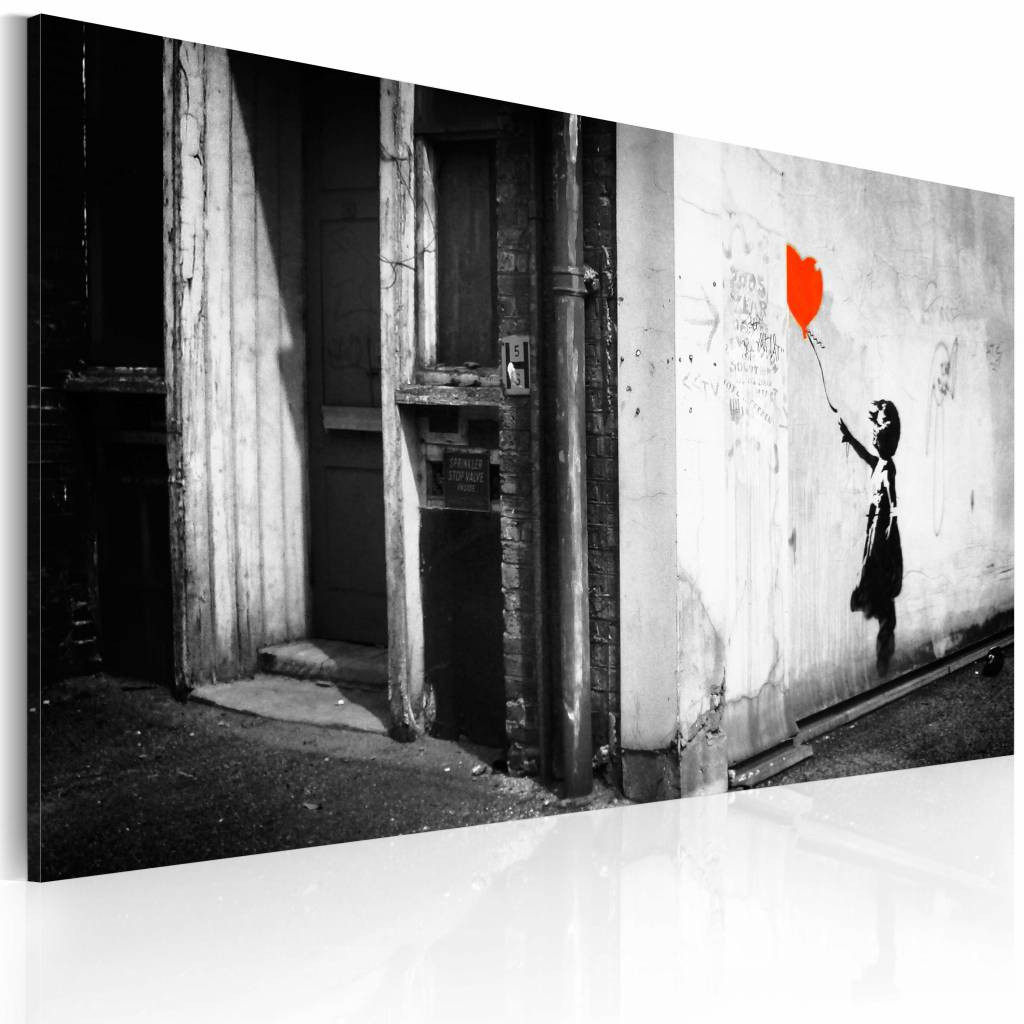 Schilderij - Banksy - Meisje met Ballon, 40x60cm , zwart wit rood ,wanddecoratie , premium print op canvas