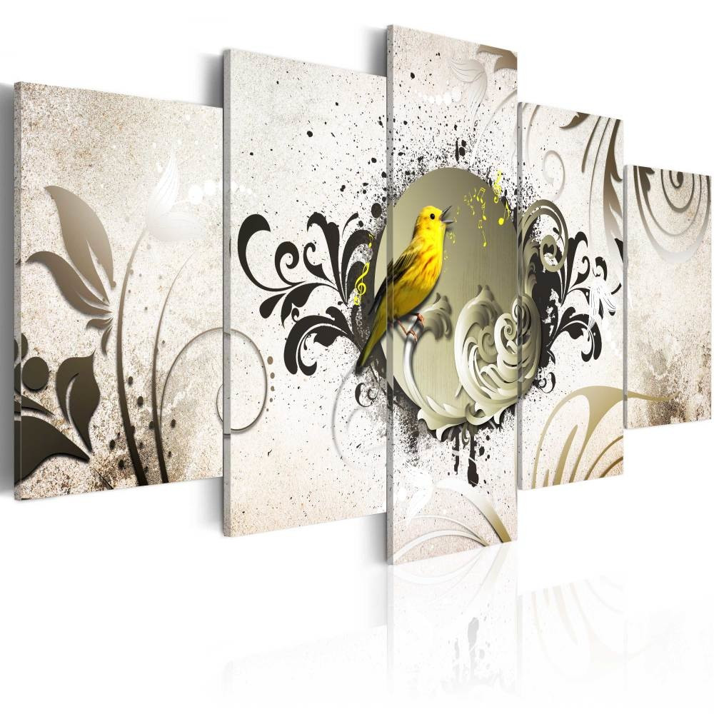 Schilderij -Gele vogel op abstracte achtergrond , 5 luik