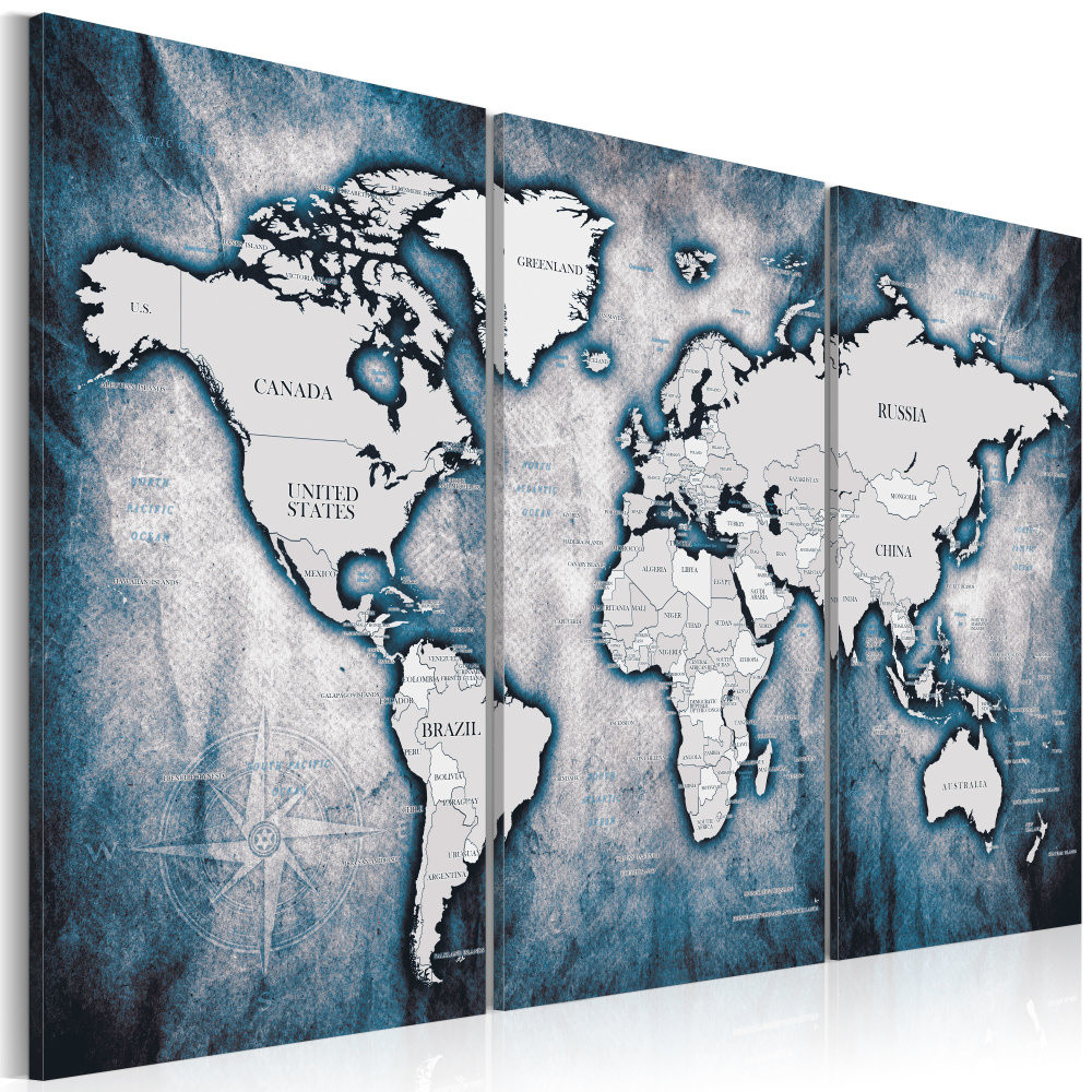 Schilderij - Wereldkaart , Wereld in blauwe inkt , 3 luik