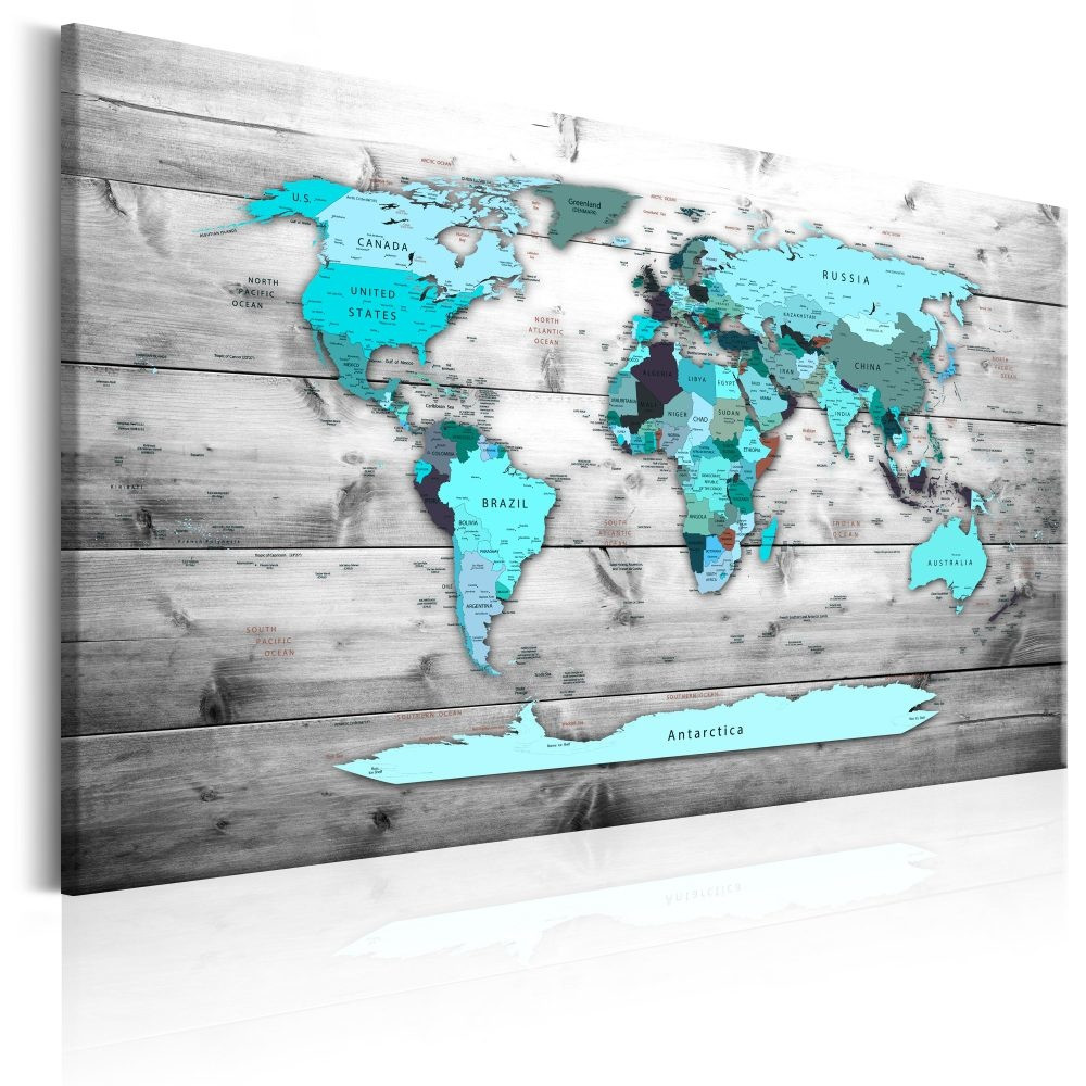 Schilderij - Wereldkaart , Blauwe wereld , houtlook