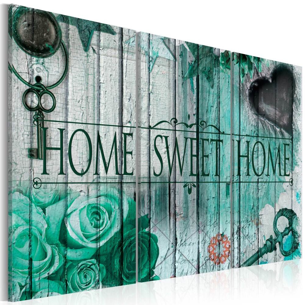 Schilderij -Home Sweet Home in smaragd groen, 3 luik , 2 maten , Multikleur , Wanddecoratie