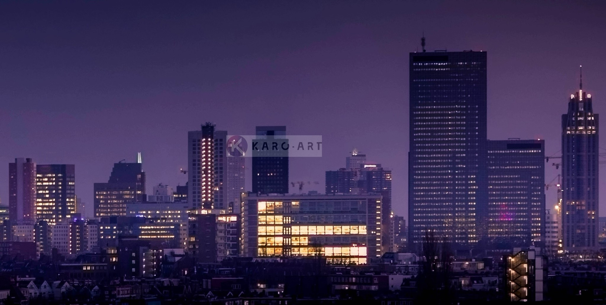 Schilderij - Rotterdam Skyline, Zwart Paars Geel , 2 Maten , Premium Print