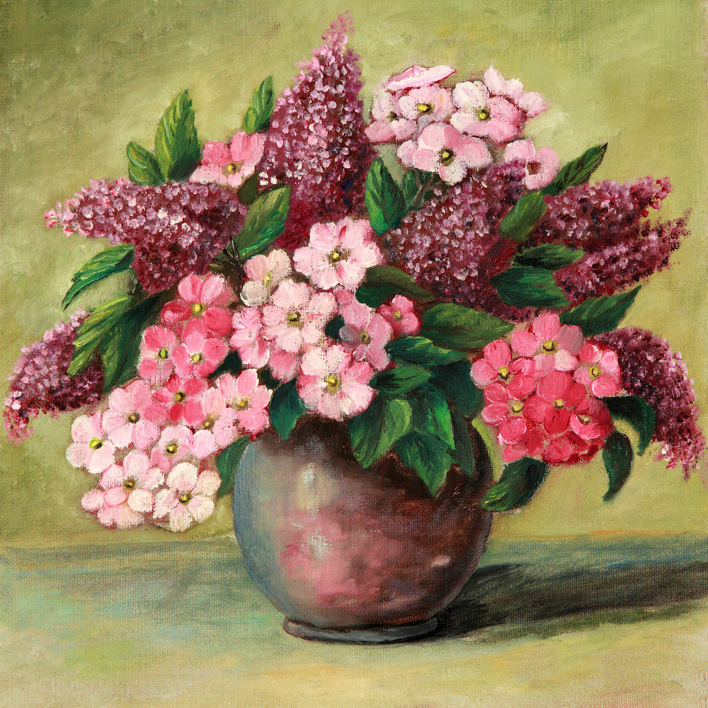 Schilderij - Roze bloemenvaas stilleven (print op canvas) , Multikleur , Wanddecoratie