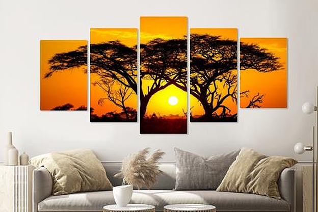 Schilderij - Zonsondergang in Afrika, 5 luik, 200x100cm