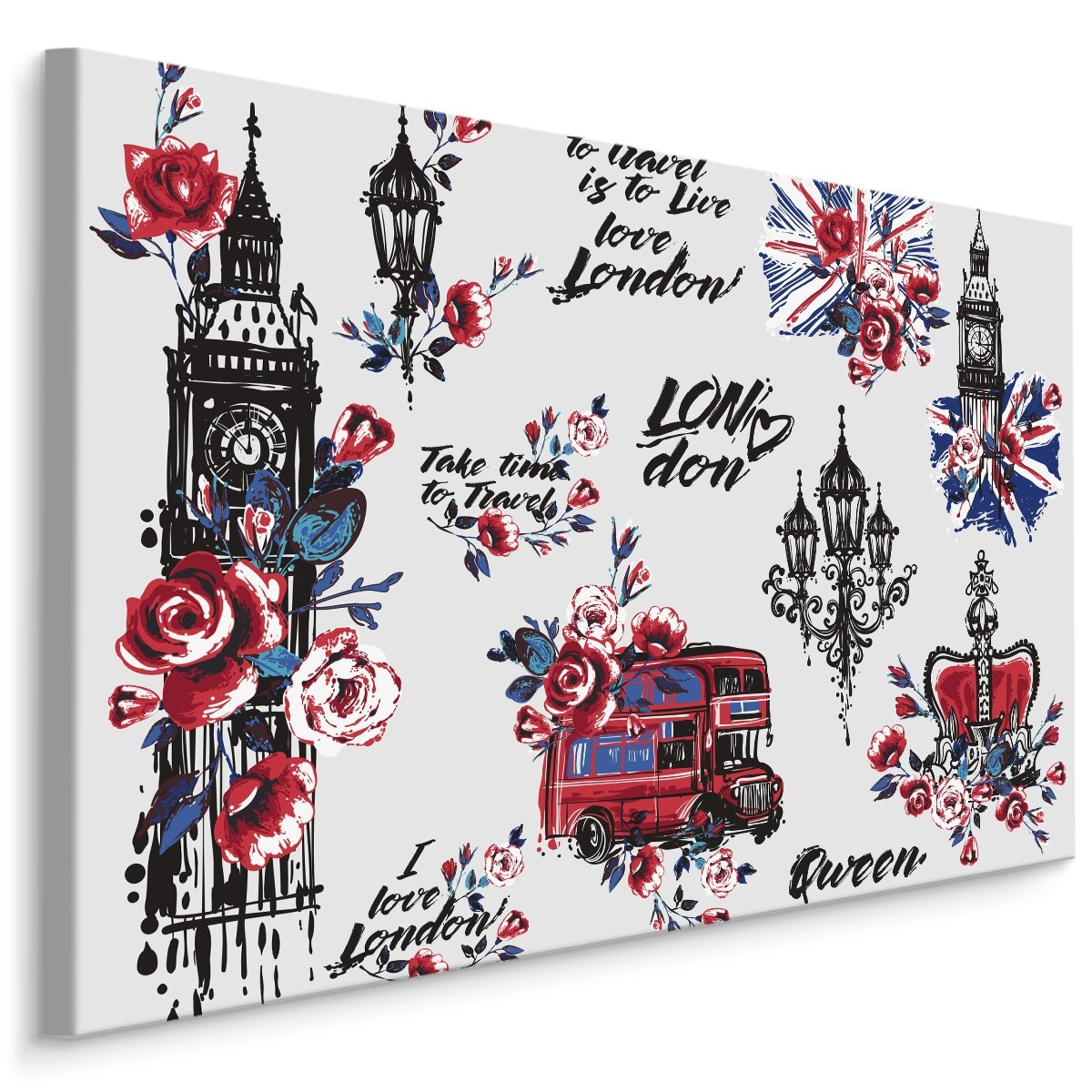 Schilderij - Symbolen van Londen met Bloemen, Premium Print