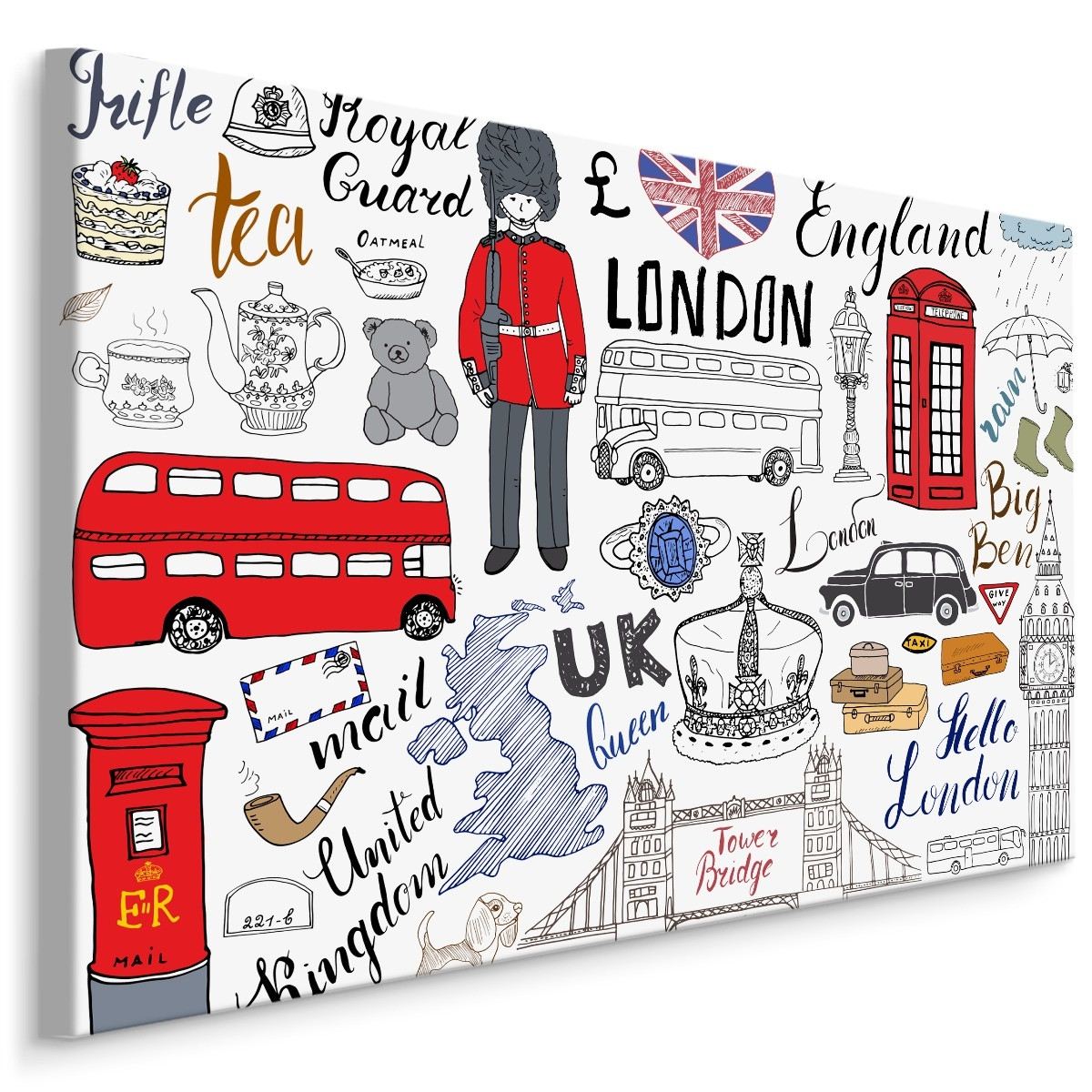 Schilderij - Bekende Symbolen van Londen, Engeland, Premium Print