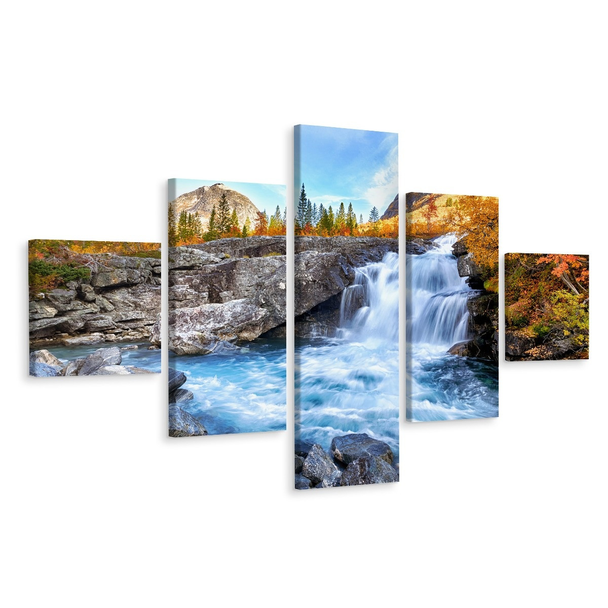 Schilderij - Herfstig landschap en waterval, 5luik, premium print