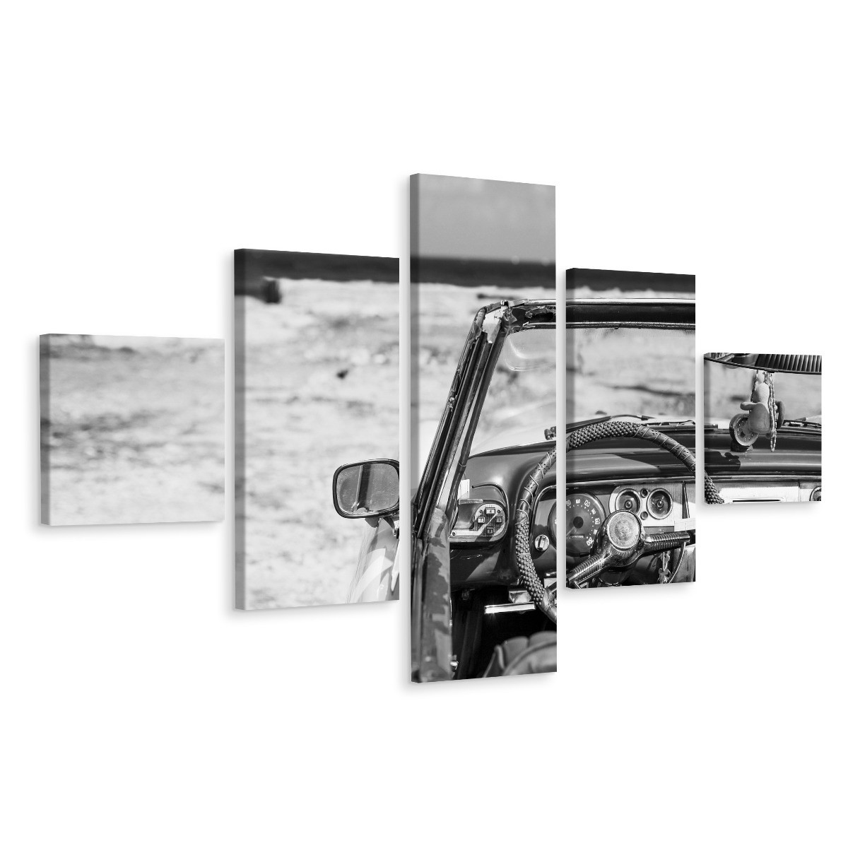 Schilderij - Cubaanse auto in zwart-wit, 5luik, Premium print