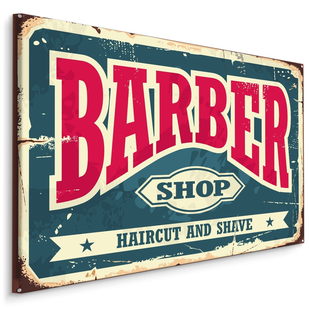 Schilderij - Barber Shop, Haircut and Shave, reclame bord, Premium Print op Canvas