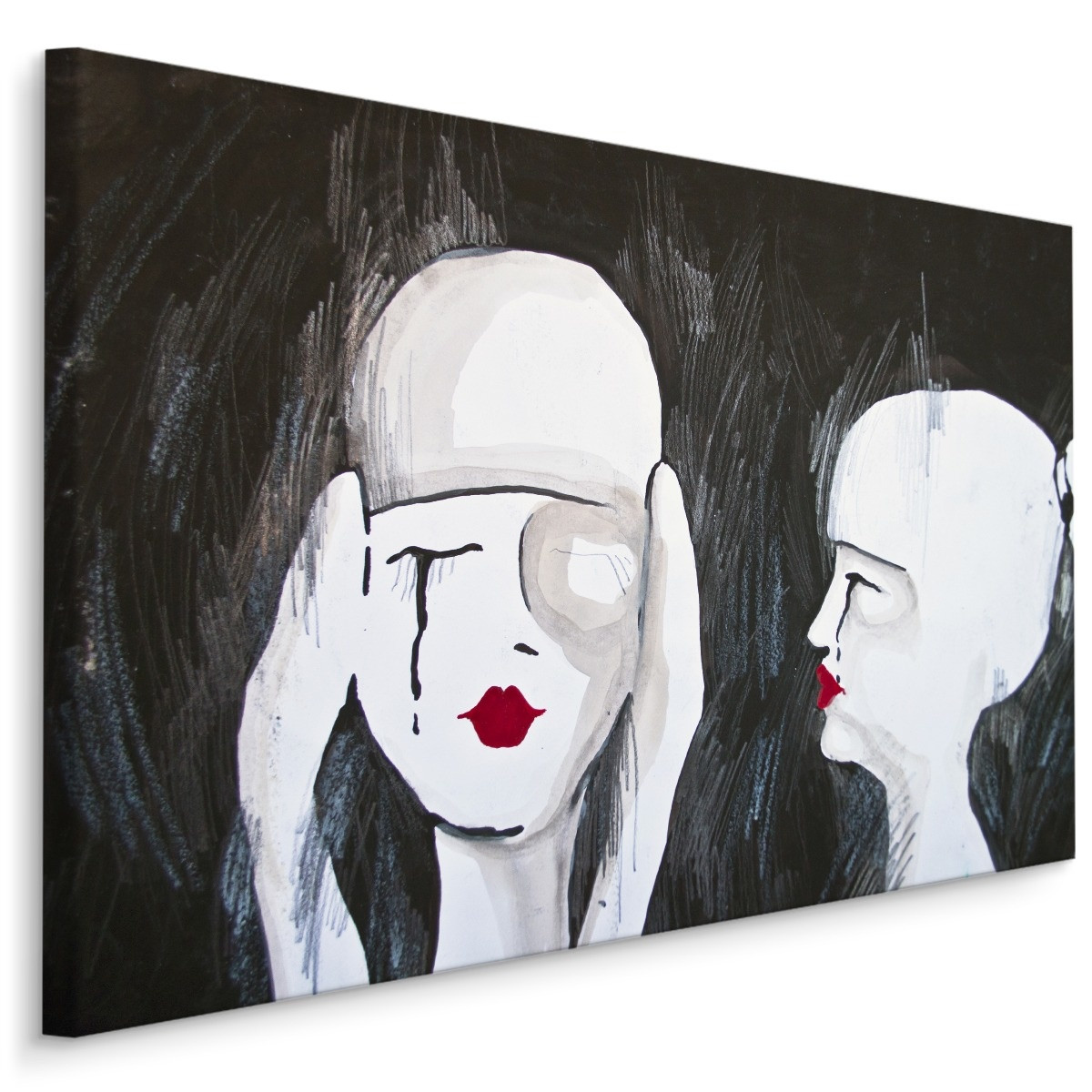 Schilderij - Abstract portret van twee Vrouwen, zwart, wit, rood