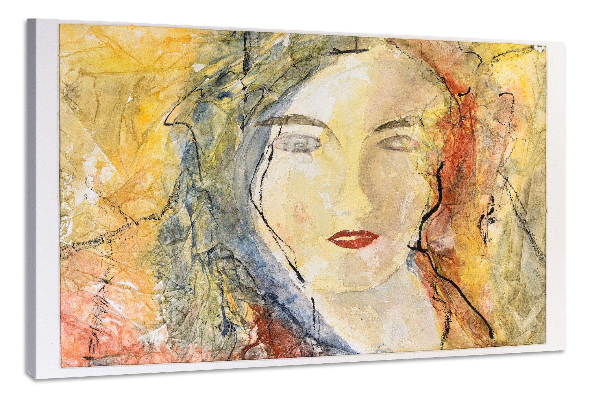 Schilderij - Aquarel Portret Vrouw op Canvas, Premium Print, Wanddecoratie