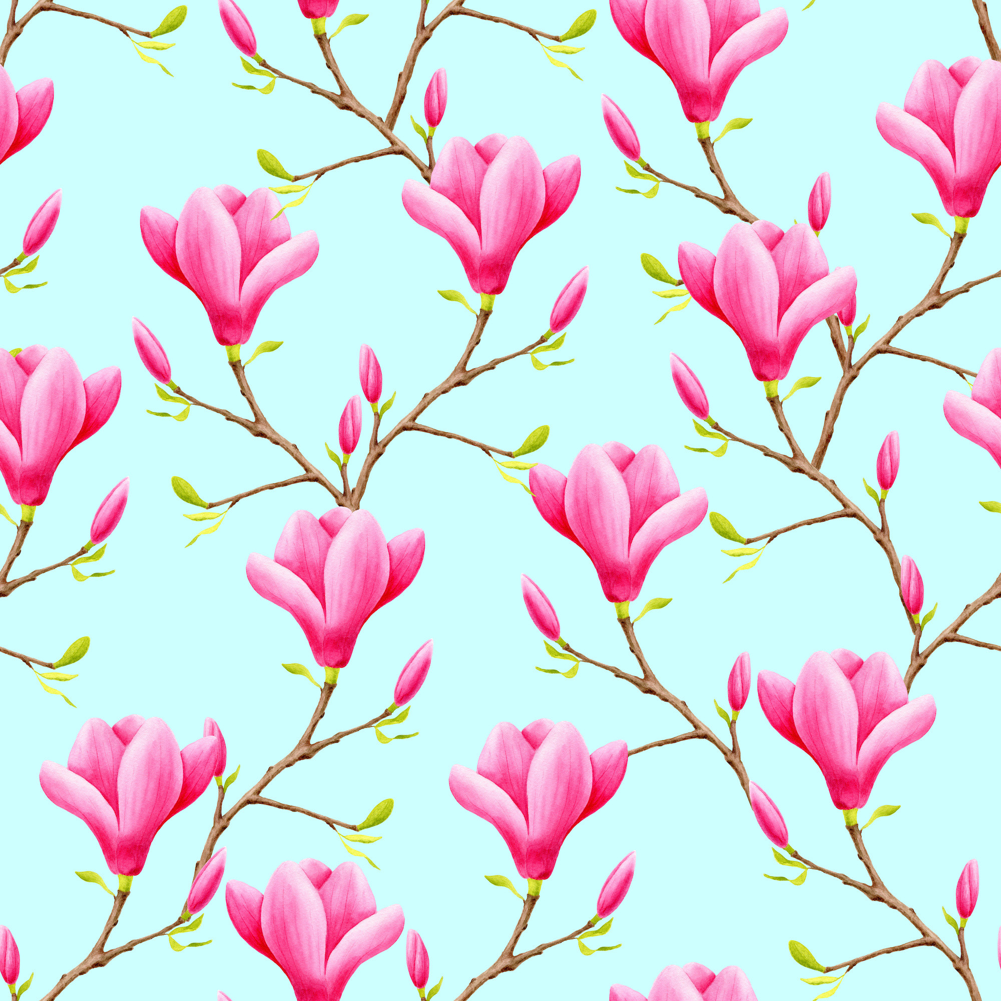 Schilderij - roze Magnolia bloemen naadloos patroon, premium print , 3 maten , Wanddecoratie