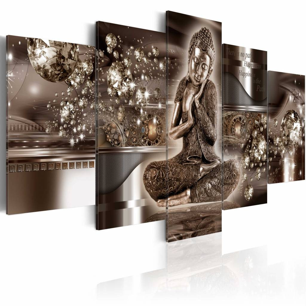 Schilderij - Innerlijke harmonie Boeddha, 5 luik, Bruin/Wit, 2 maten, Premium print op echt Italiaans canvas, voor slaapkamer en woonkamer, wanddecoratie