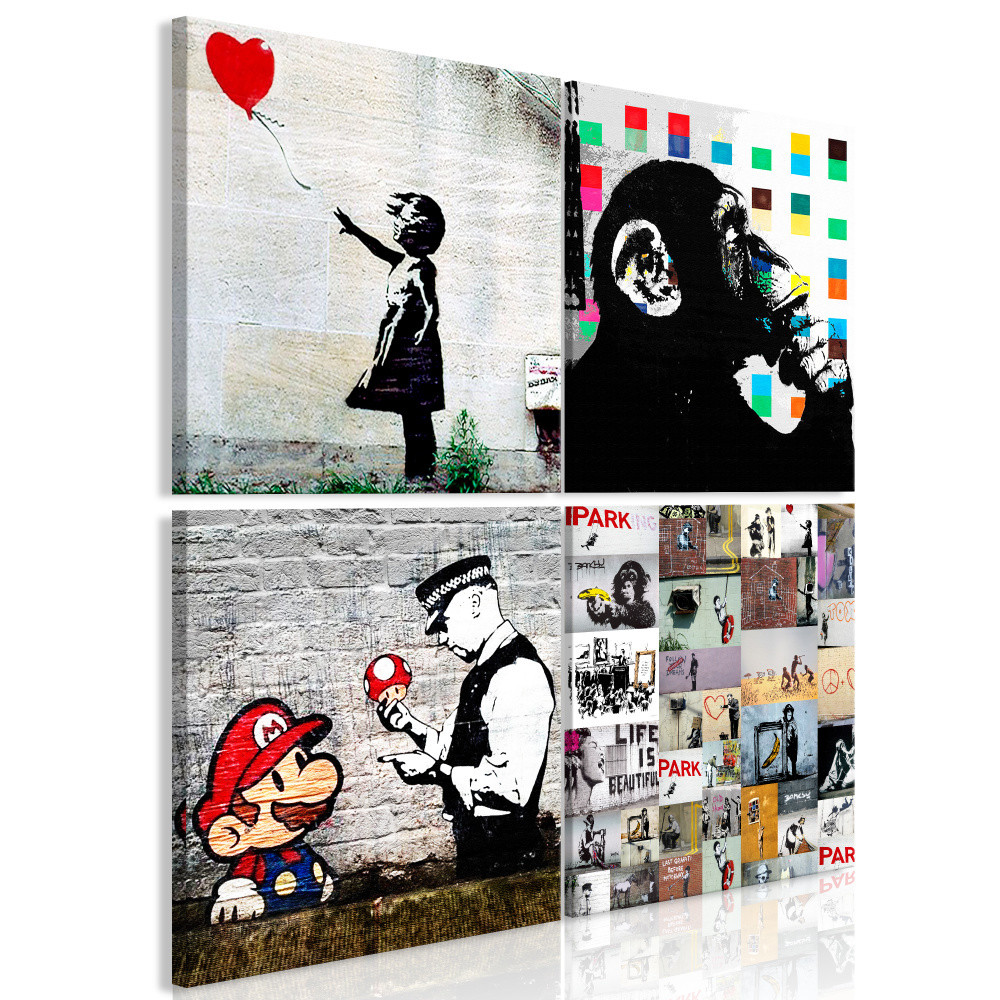 Schilderij - Banksy Collage , 4 delen, voor slaapkamer en woonkamer, 4 maten, print op echt Italiaans canvas, wanddecoratie
