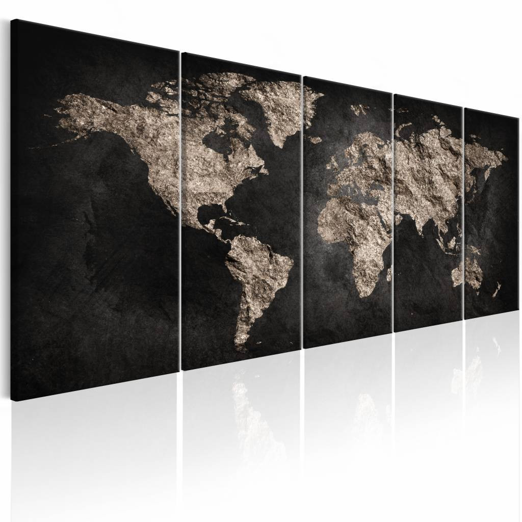 Schilderij - Geheimzinnige Wereld - Wereldkaart , zwart beige , 5 luik, print op echt Italiaans canvas, voor slaapkamer en woonkamer, Wanddecoratie