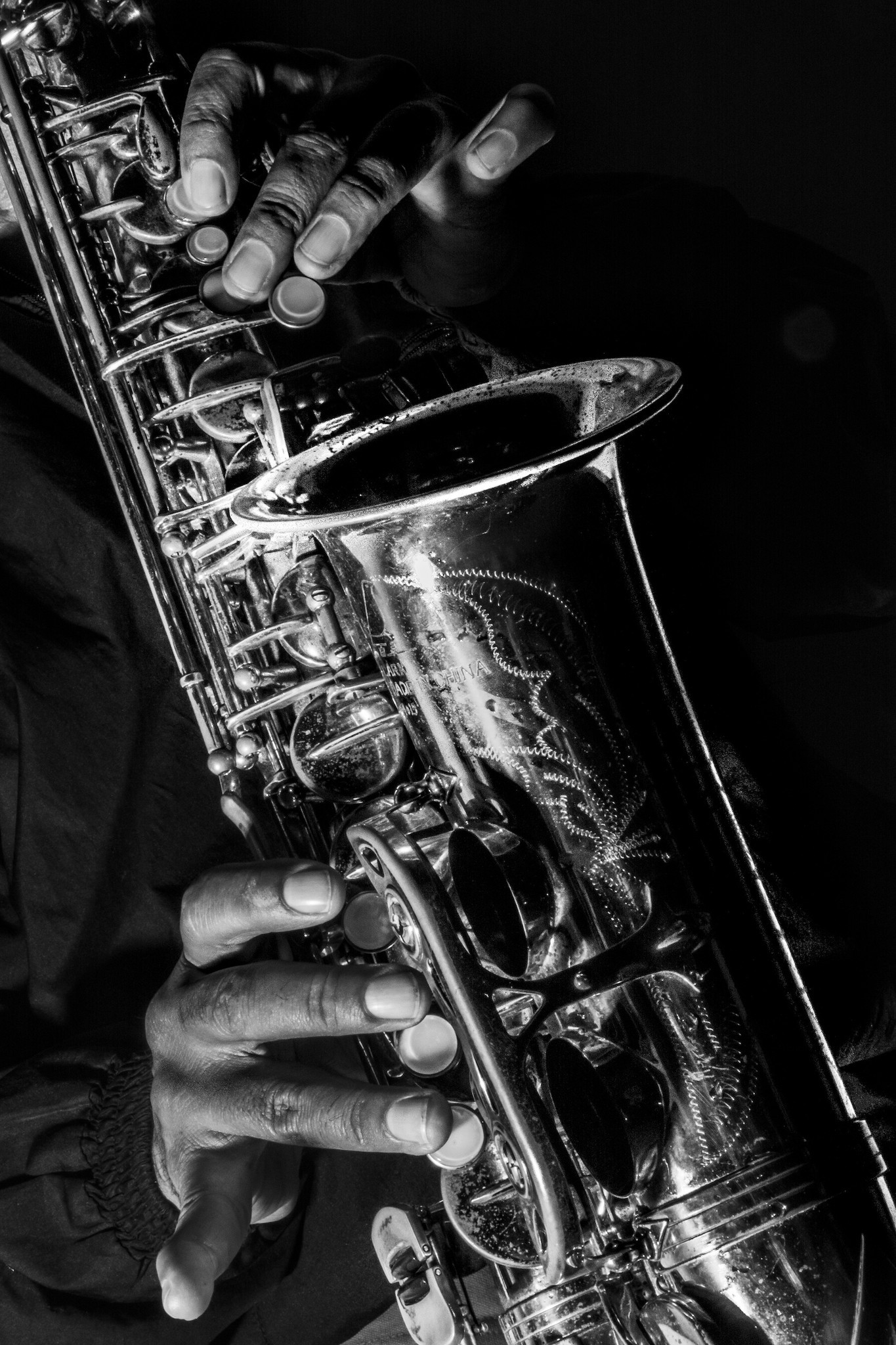 Schilderij - Saxofoon in zwart en wit, 2 maten , Premium print, Wanddecoratie