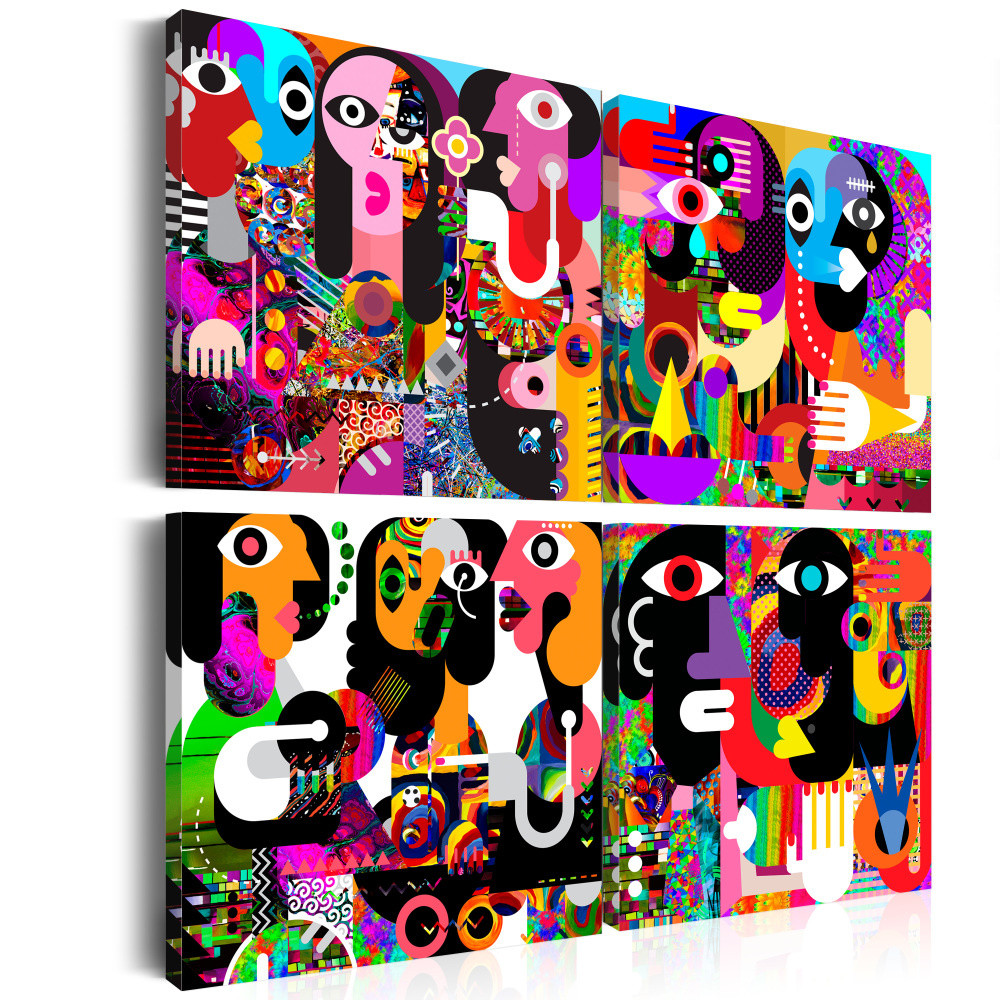 Schilderij - Abstract Conversaties , 4 luik, print op echt Italiaans canvas, multikleur, eyecatcher in huis, ook leuk voor kinderkamer