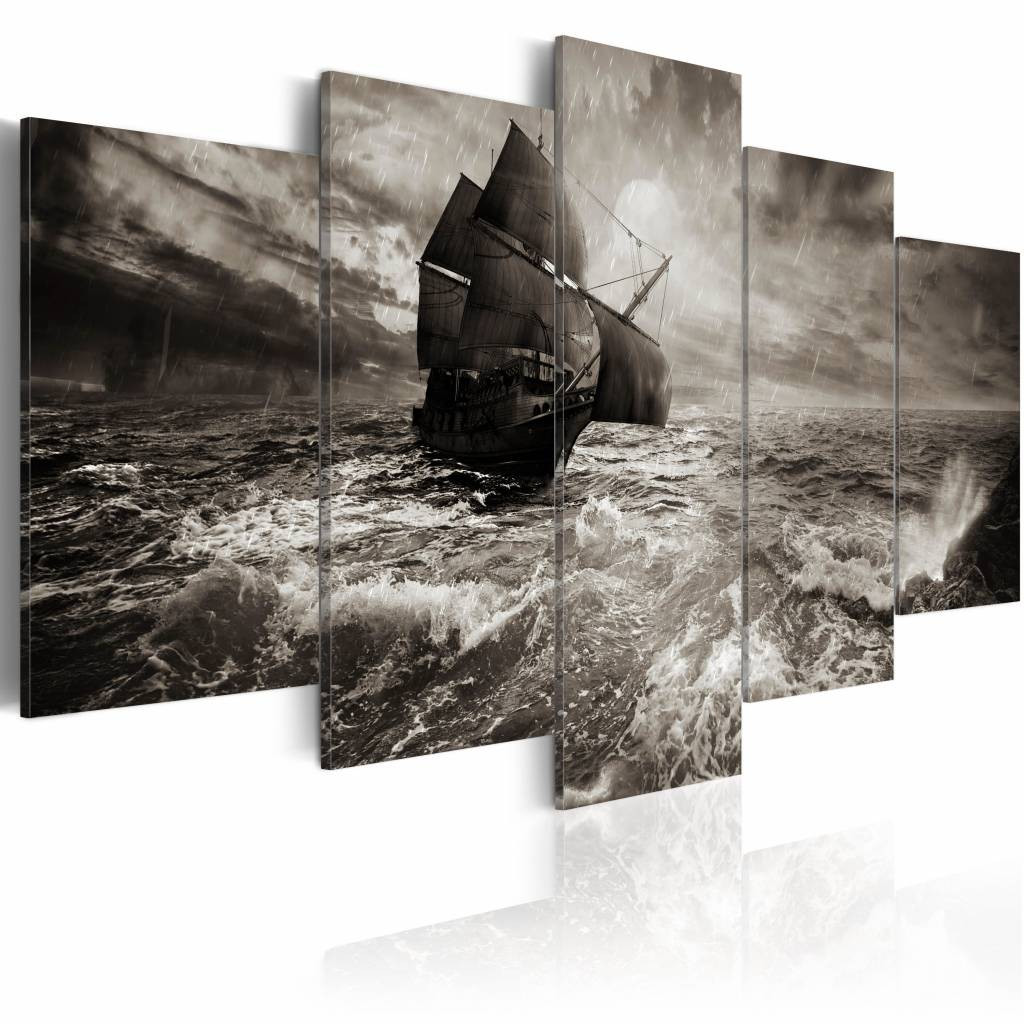Schilderij - Schip in zware Storm, 5luik , zwart wit , wanddecoratie , premium print op echt Italiaans canvas , in 2 maten