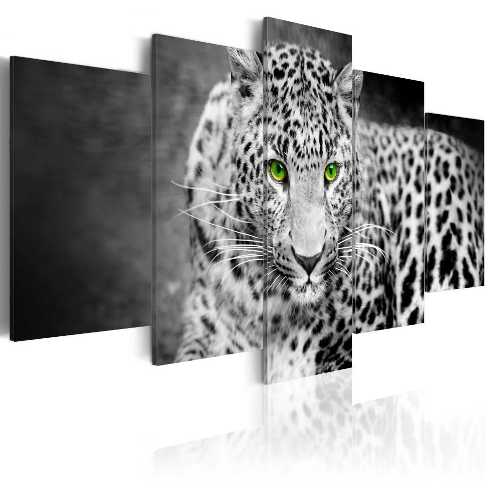 Schilderij - Luipaard in zwart wit, groene ogen , 5 luik, print op echt Italiaans canvas, in 2 maten