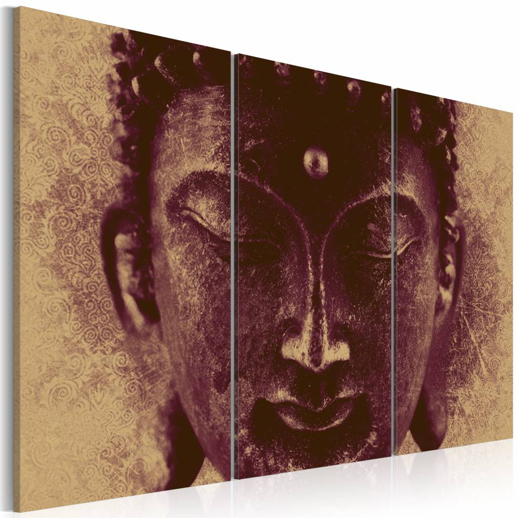 Schilderij - Boeddha , 3 luik, gezicht van, print op echt Italiaans canvas, in 3 maten, wanddecoratie, Inspiratie