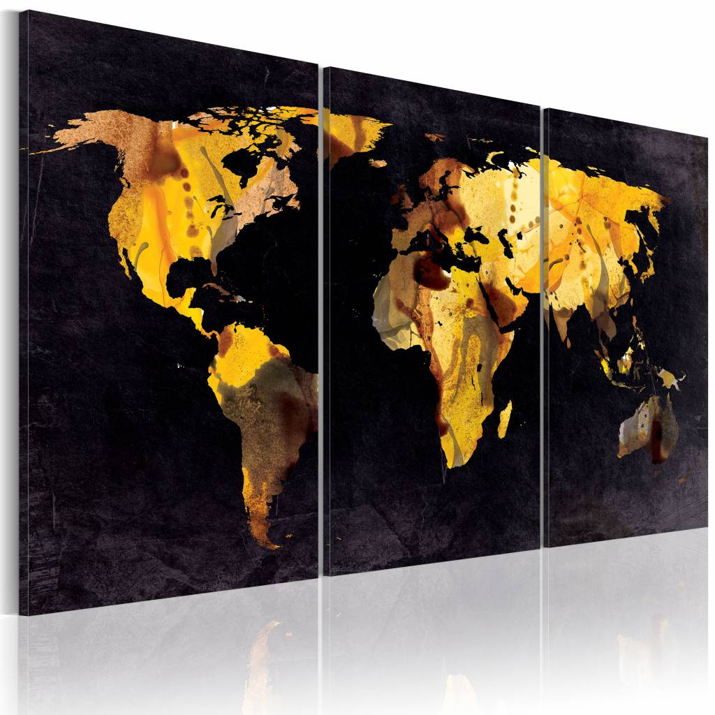Schilderij - Wereldkaart - Drijfzand, Goud/Zwart, 3luik , premium print op echt Italiaans canvas , wanddecoratie