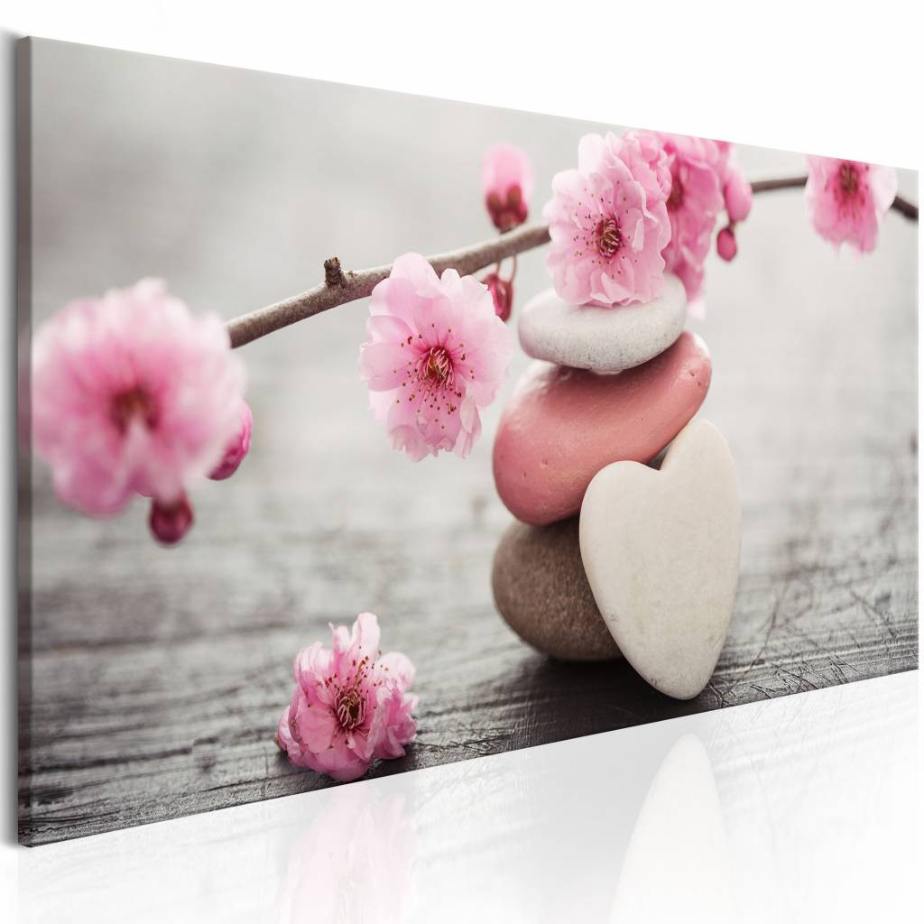 Schilderij - Zen: Cherry Blossoms, stenen en bloemen, print op echt Italiaans canvas, Inspiratie, voor woonkamer, slaapkamer en praktijkruimte