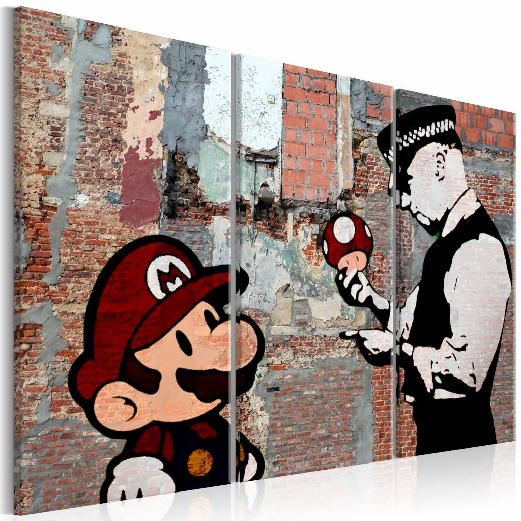 Schilderij - Banksy: Waarschuwing , mario bros , rode muur , 3 luik, print op echt Italiaans canvas, wanddecoratie, in 2 maten