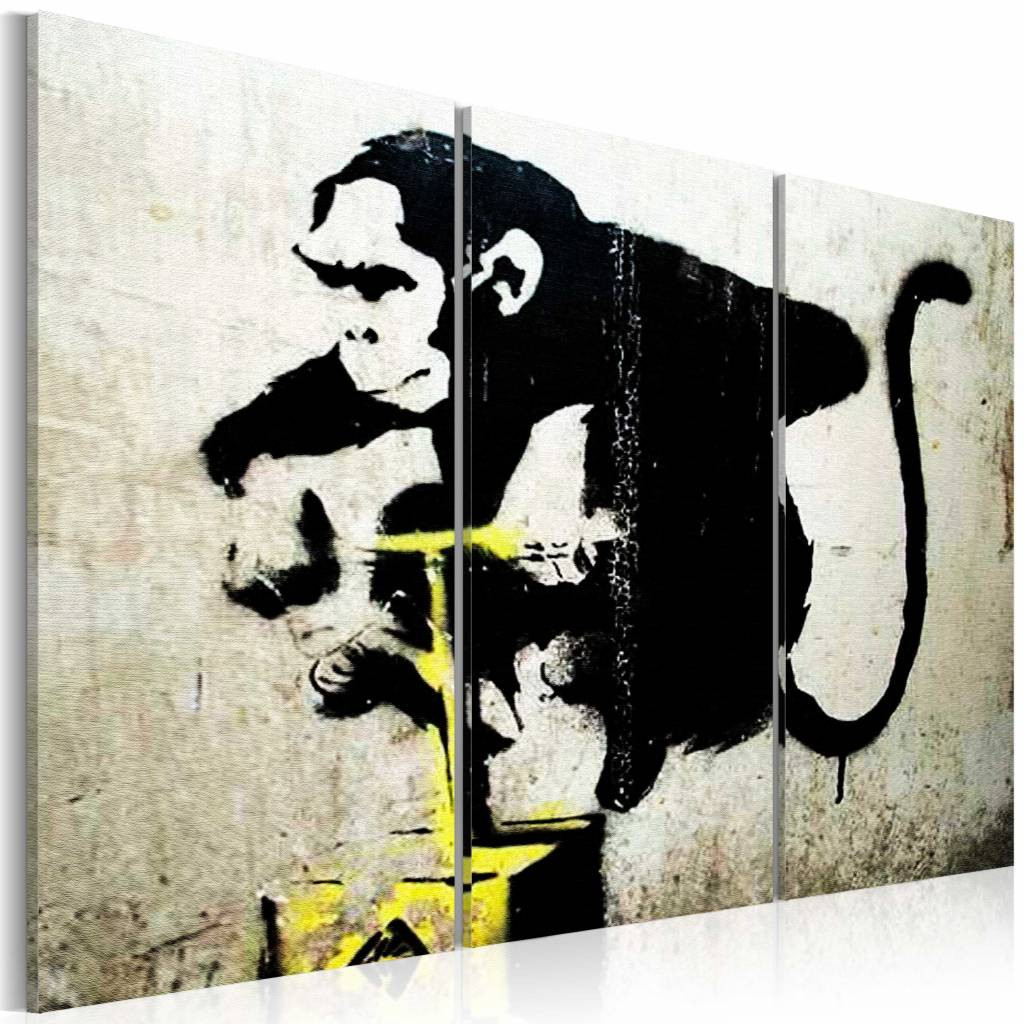 Schilderij - Aapje TNT Detonator - Banksy , zwart-wit-geel , 3 luik, print op echt Italiaans canvas, 2 maten, wanddecoratie