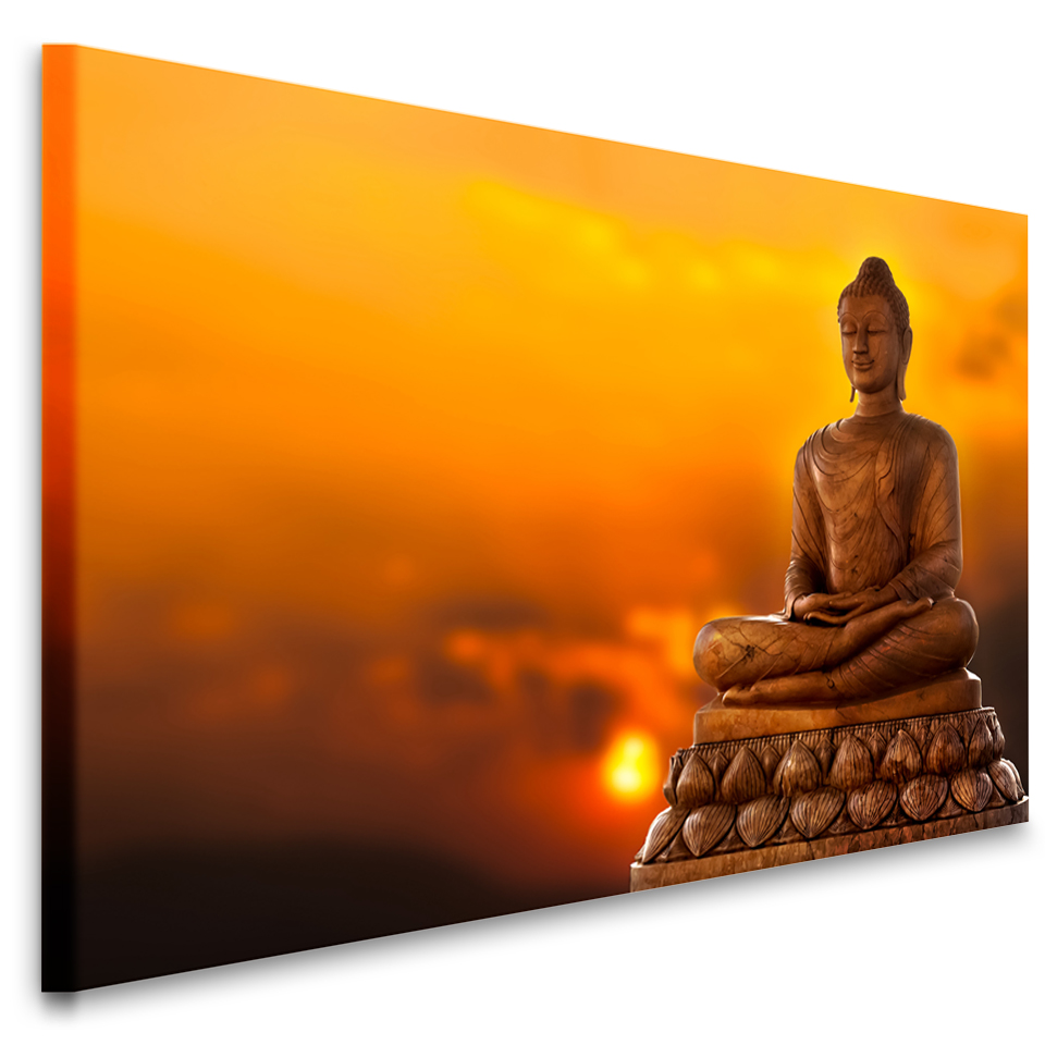 Schilderij - Boeddha beeld bij zonsondergang, premium print, wanddecoratie, zeer stevig verpakt geleverd , Inspiratie