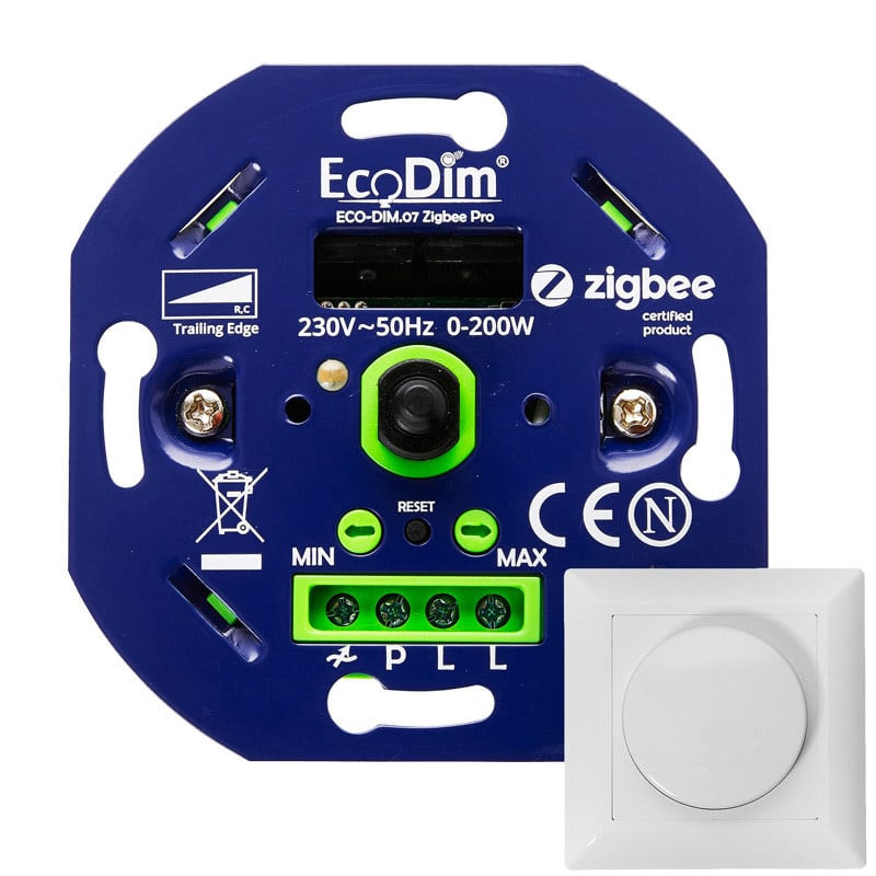 Ecodim Inbouw smart LED dimmer PRO 0-200 Watt Fase afsnijding inclusief afdekraam en draaiknop 2 Jaar garantie ECO-DIM.07