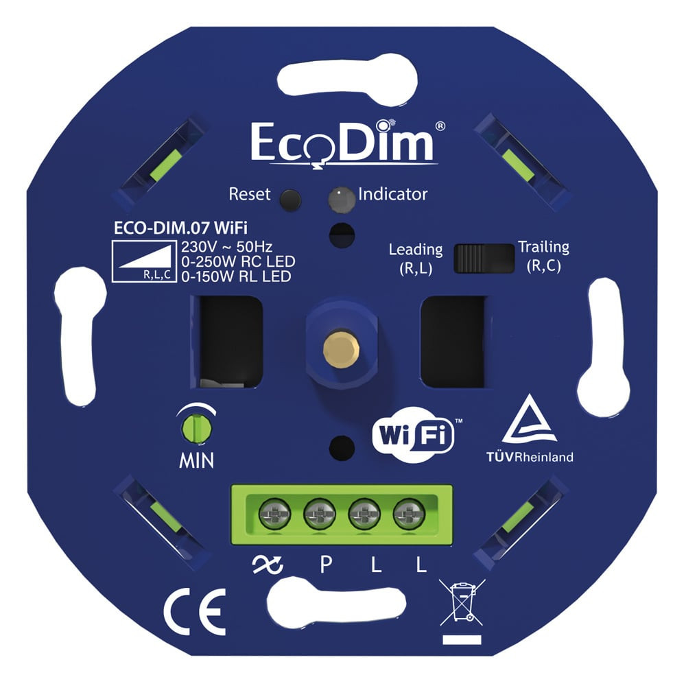 Ecodim Smart LED WiFi dimmer - 0-250 Watt - Druk-/Draaiknop - Fase afsnijding en aansnijding - Tuya based - ECO-DIM.07