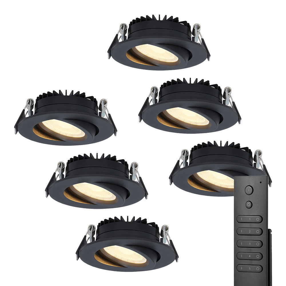 HOFTRONIC™ Set van 6 dimbare LED inbouwspots Rome - Zwart - 6 Watt - Kantelbaar - 2700K warm wit - IP44 - Inclusief afstandsbediening - Geringe inbouwdiepte