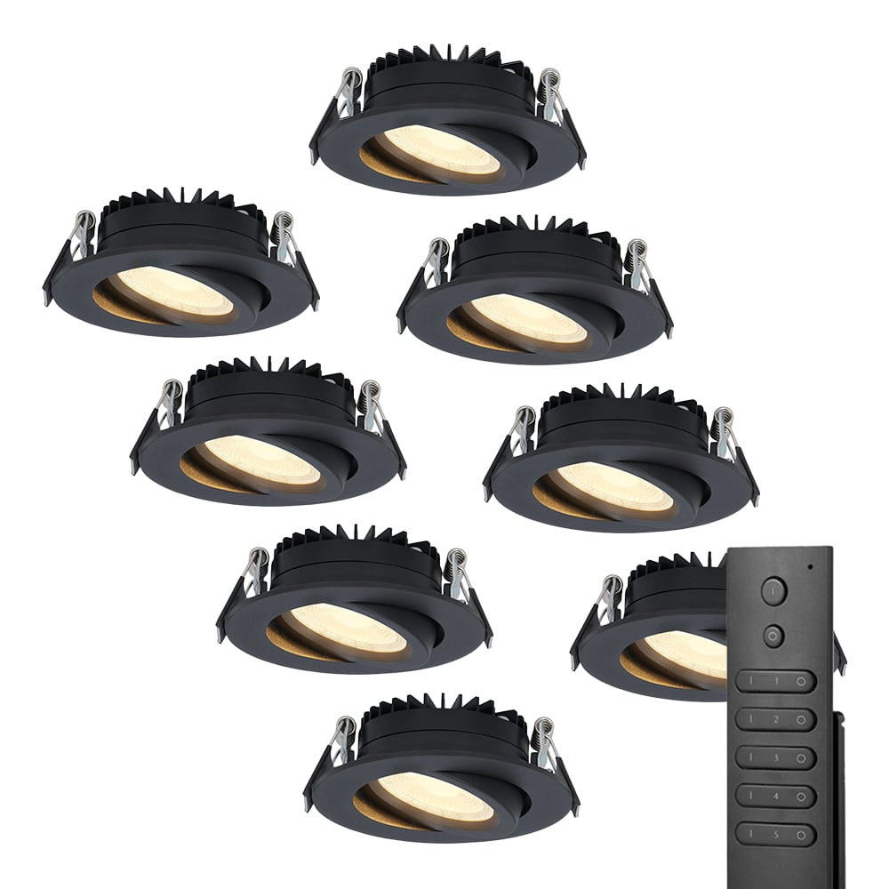 HOFTRONIC™ Set van 8 dimbare LED inbouwspots Rome - Zwart - 6 Watt - Kantelbaar - 2700K warm wit - IP44 - Inclusief afstandsbediening - Geringe inbouwdiepte