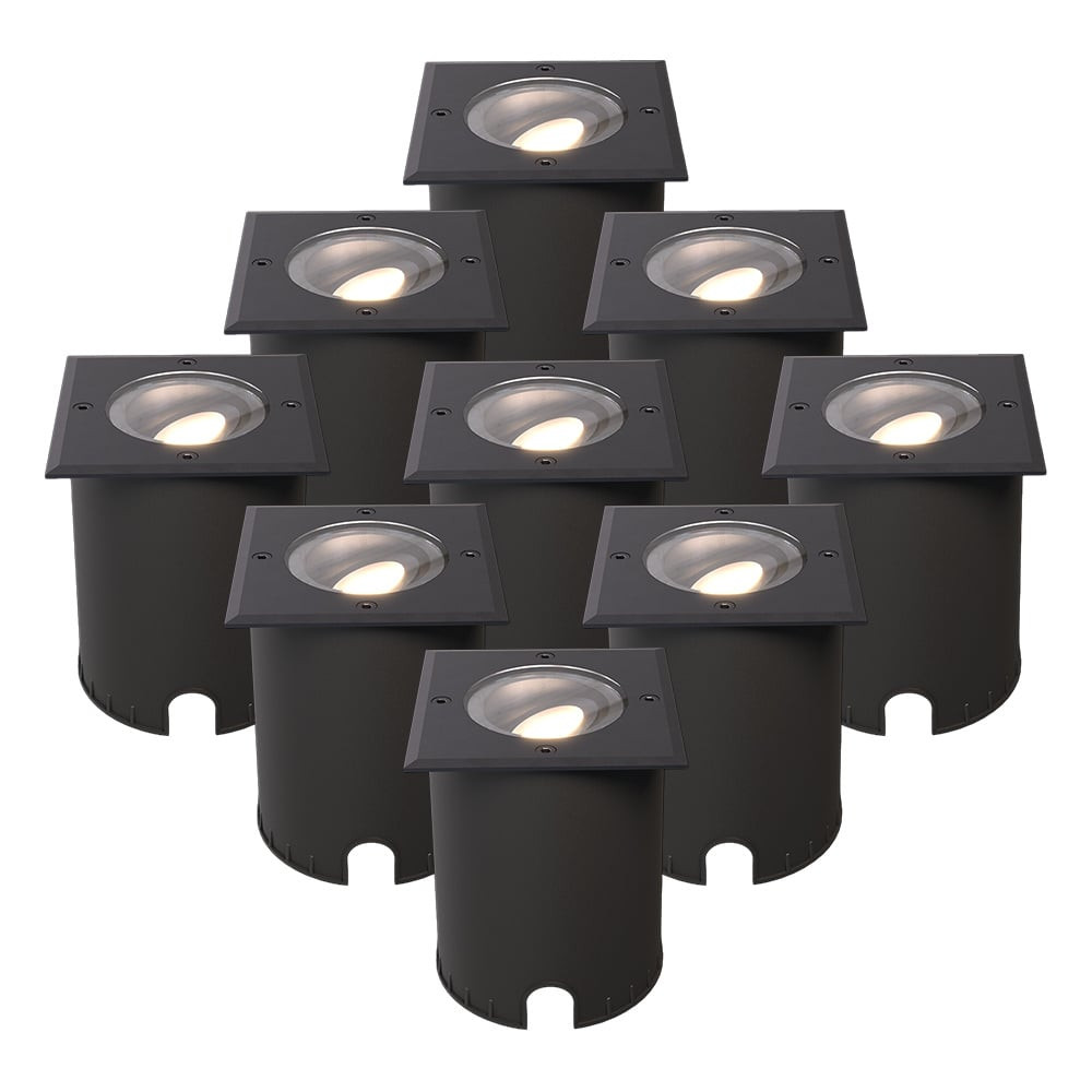 HOFTRONIC™ Set van 9 Cody LED Grondspots Zwart - GU10 4,5 Watt 345 lumen dimbaar - 4000K neutraal wit - Kantelbaar - Overrijdbaar - Vierkant - IP67 waterdicht